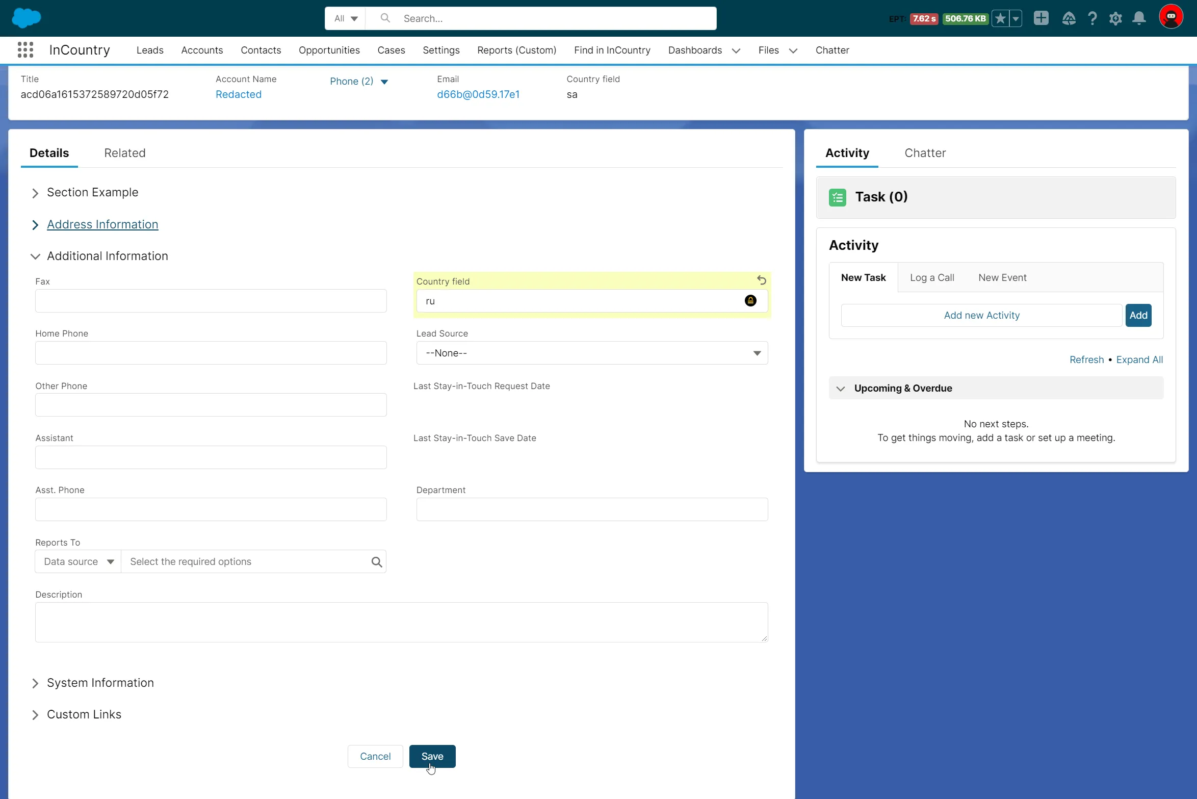 Record - country field changed