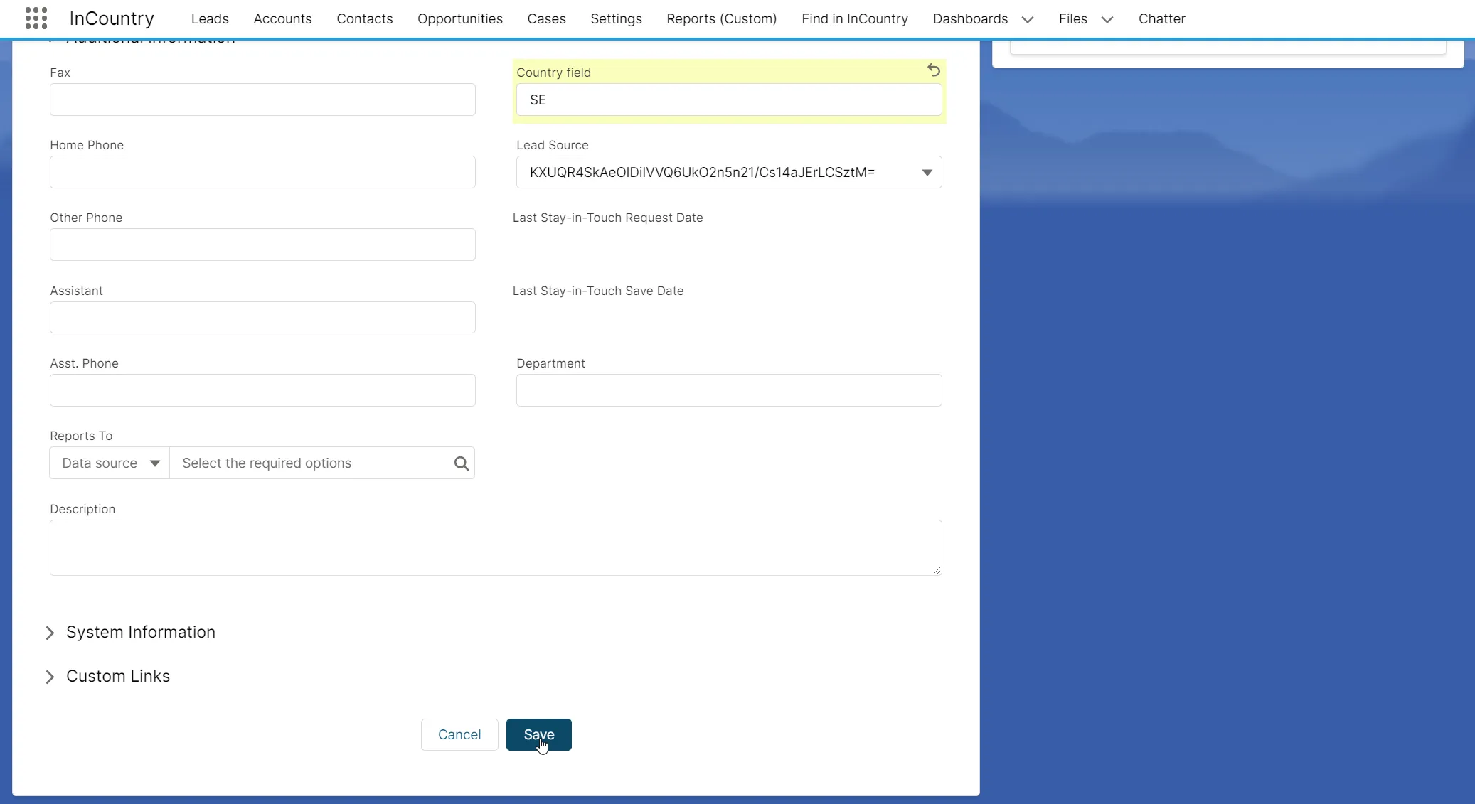 Record - country field changed 2