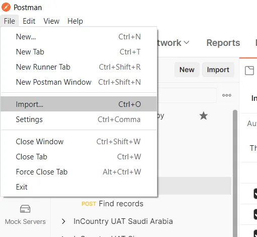 Postman application menu