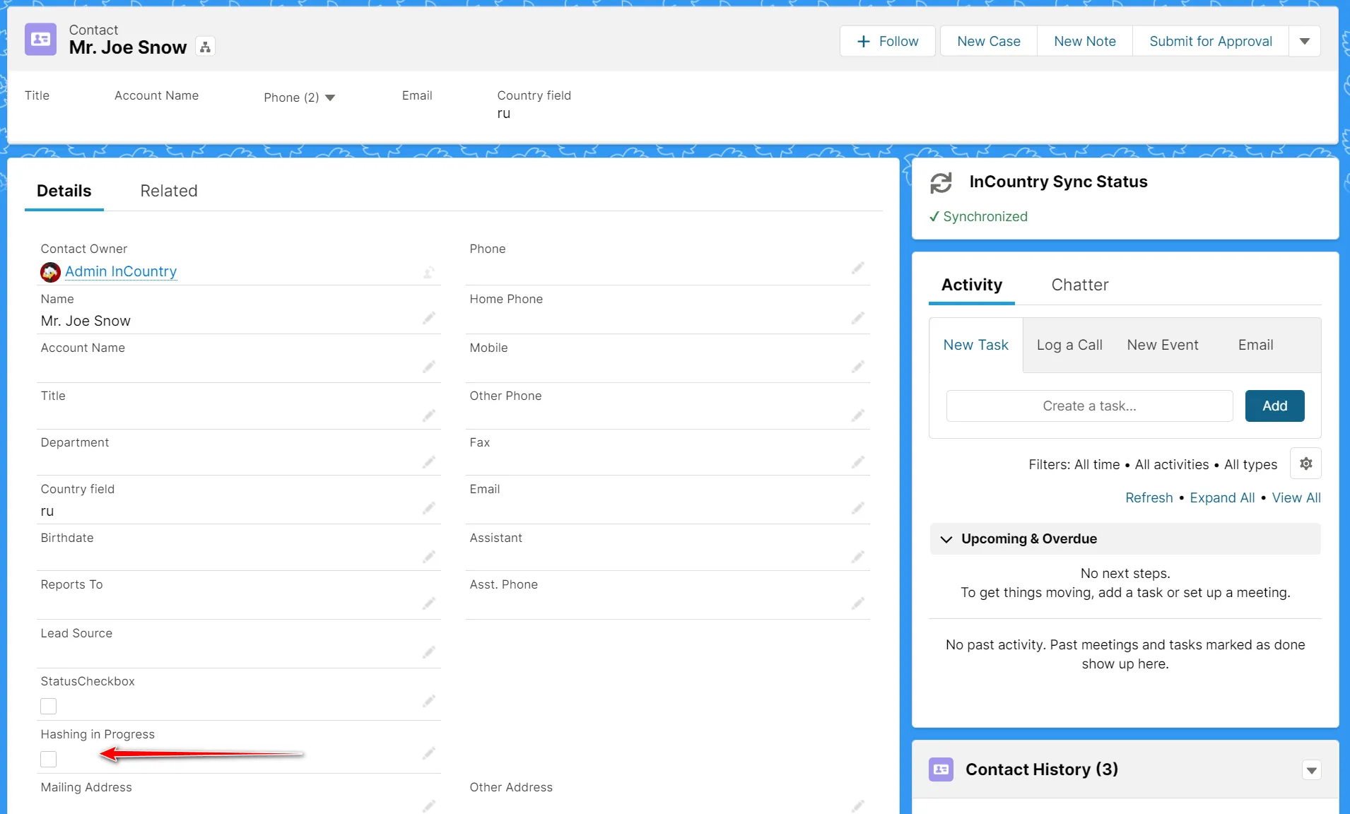 Object page with the hashing status field