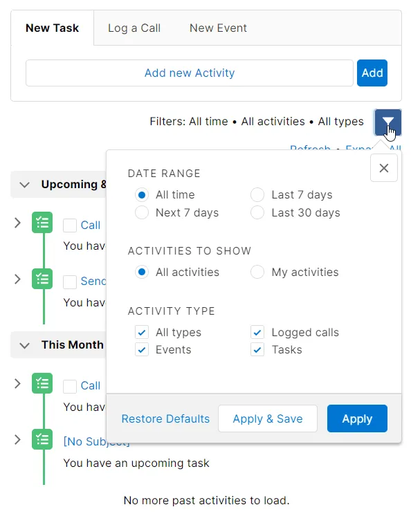 Activity block - Filtration criteria